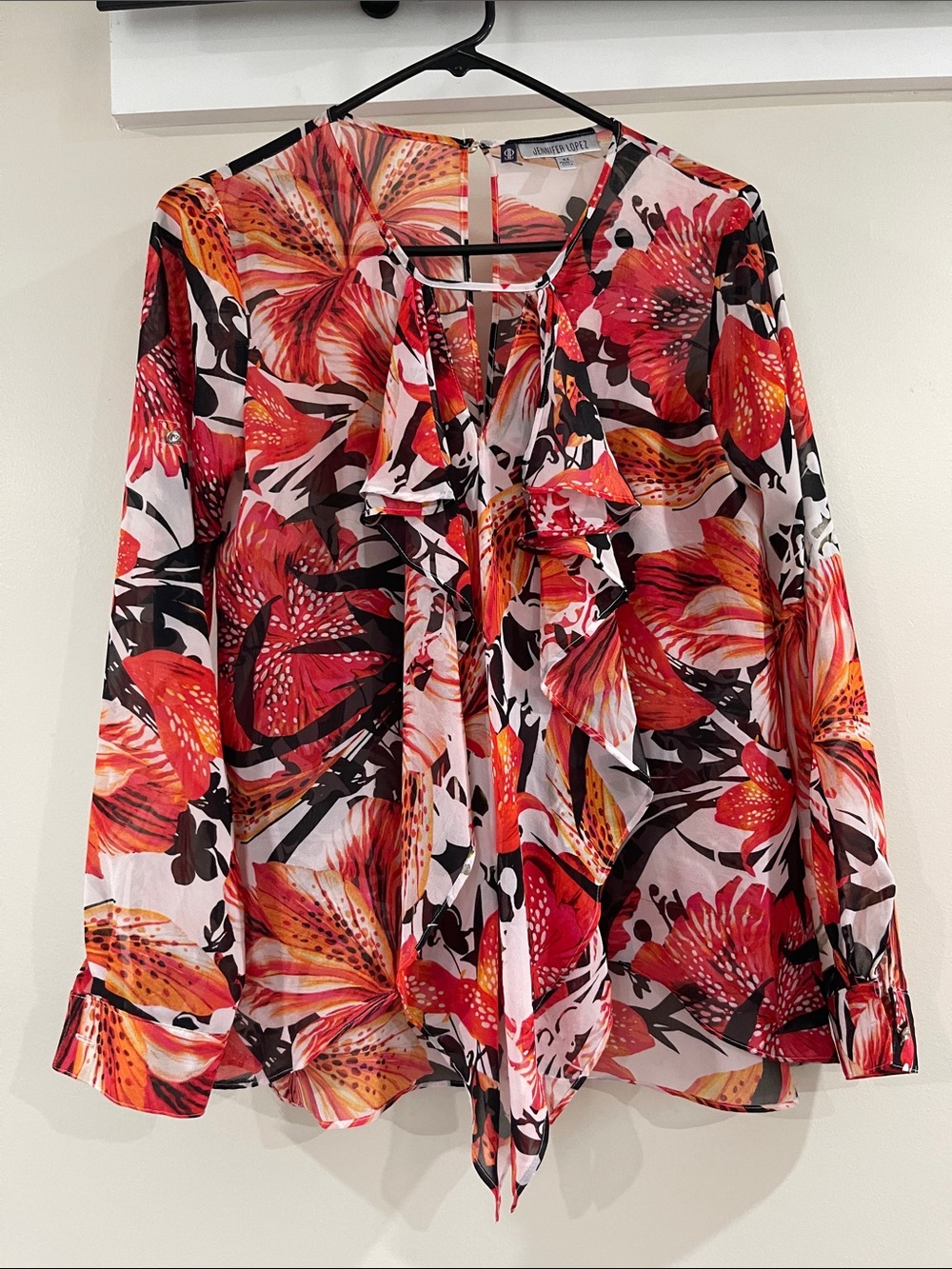 Jennifer Lopez Red Orange Floral Ruffle Tie-Blouse